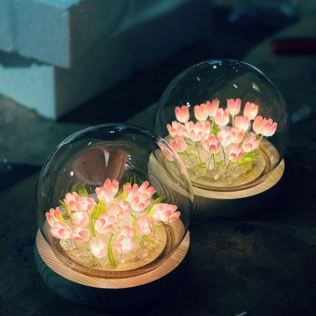Glowing Tulip Enchantment LED light with 10 warm white tulips under glass dome 11