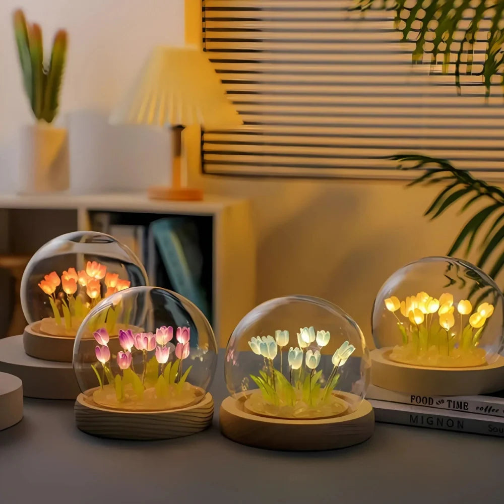 Glowing Tulip Enchantment LED light with 10 warm white tulips under glass dome 2