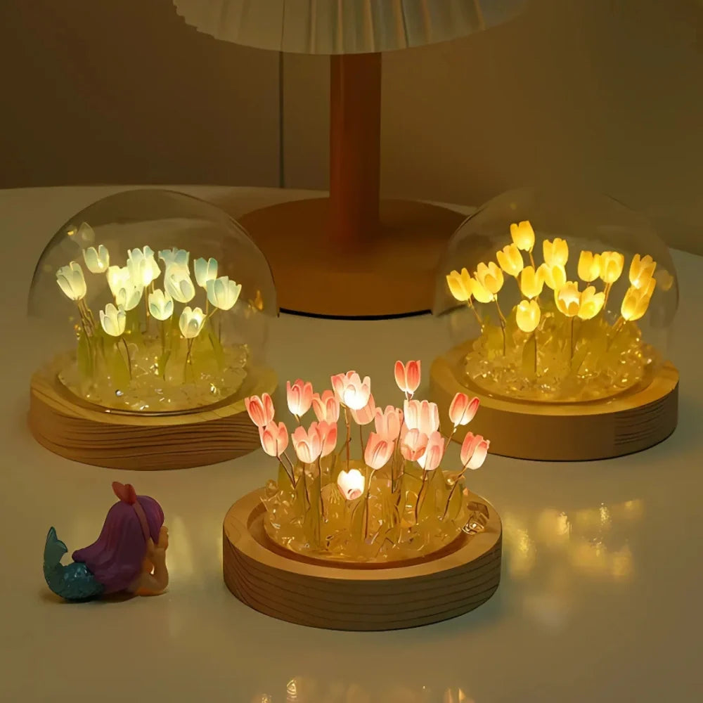 Glowing Tulip Enchantment LED light with 10 warm white tulips under glass dome 3