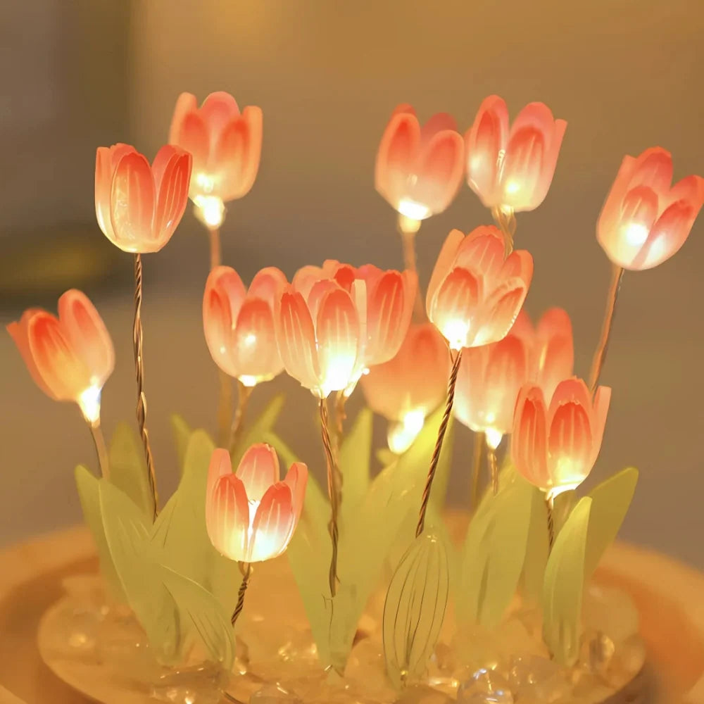 Glowing Tulip Enchantment LED light with 10 warm white tulips under glass dome 4