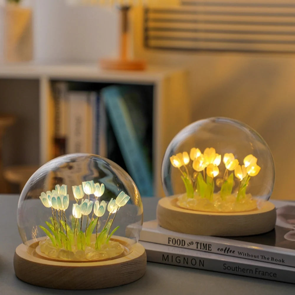 Glowing Tulip Enchantment LED light with 10 warm white tulips under glass dome 5