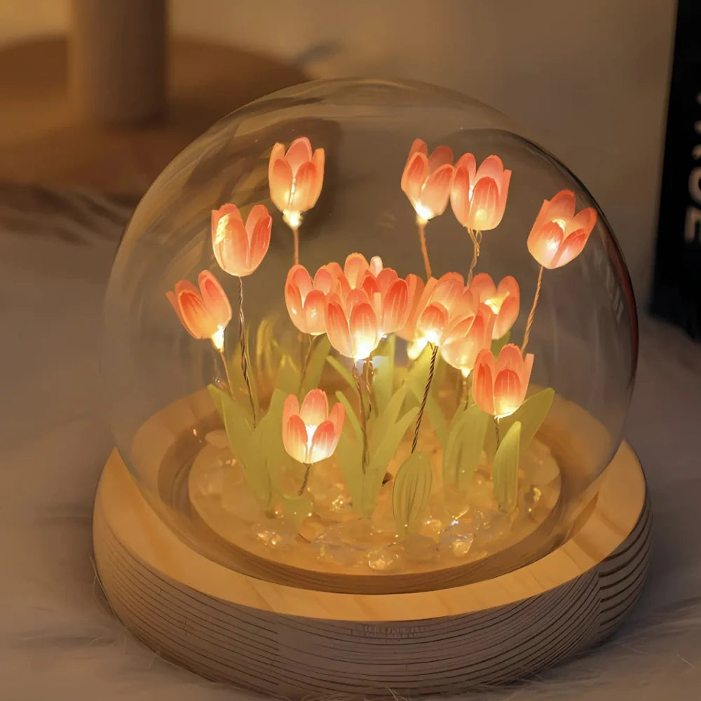 Glowing Tulip Enchantment LED light with 10 warm white tulips under glass dome 6