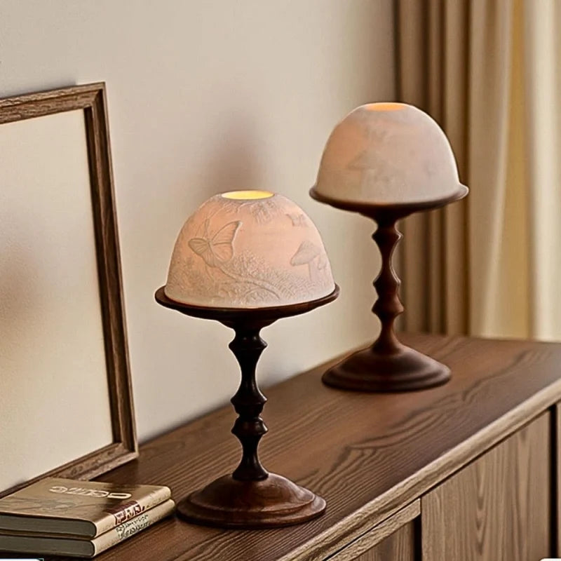 Hand-carved porcelain WhisperDome candle holder with walnut wood base, featuring nature relief design and warm candlelig 3