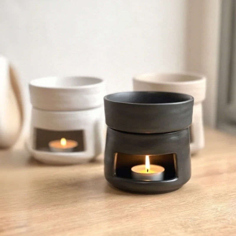 Hand-glazed ceramic dual-chamber diffuser with tea light candle holder for essential oils and aromatherapy 12