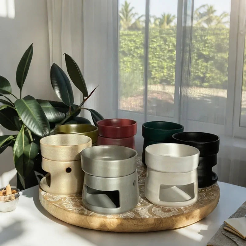 Hand-glazed ceramic dual-chamber diffuser with tea light candle holder for essential oils and aromatherapy 16