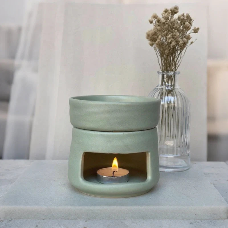 Hand-glazed ceramic dual-chamber diffuser with tea light candle holder for essential oils and aromatherapy 3