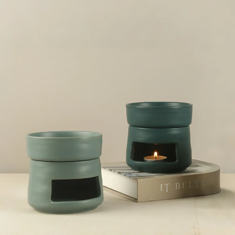 Hand-glazed ceramic dual-chamber diffuser with tea light candle holder for essential oils and aromatherapy 4