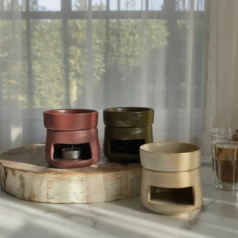 Hand-glazed ceramic dual-chamber diffuser with tea light candle holder for essential oils and aromatherapy 7