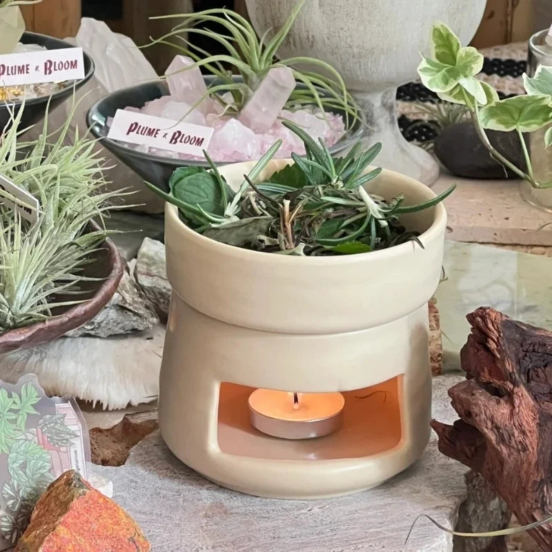 Hand-glazed ceramic dual-chamber diffuser with tea light candle holder for essential oils and aromatherapy 8