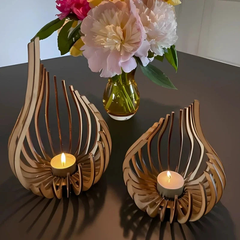 Handcrafted teardrop wooden candle holder with hollow design casting delicate shadows, available in small, medium, and l 2