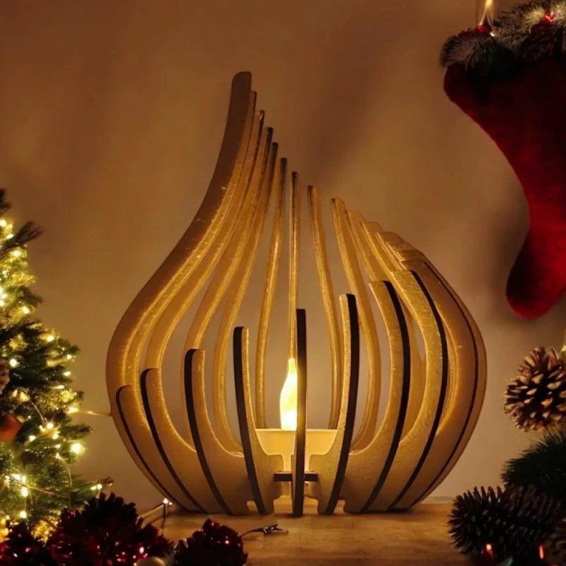 Handcrafted teardrop wooden candle holder with hollow design casting delicate shadows, available in small, medium, and l 5