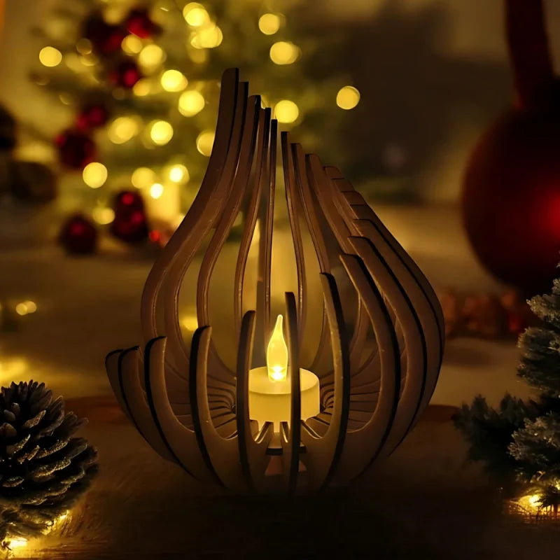 Handcrafted teardrop wooden candle holder with hollow design casting delicate shadows, available in small, medium, and l 9
