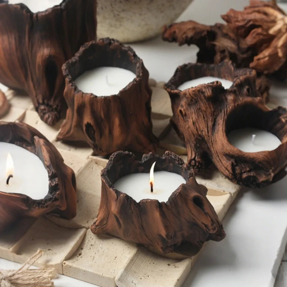 Handcrafted woodland candle cradle with tree hollow design in cement, rustic home decor