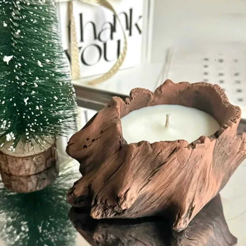 Handcrafted woodland candle cradle with tree hollow design in cement, rustic home decor 10