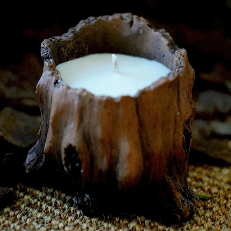 Handcrafted woodland candle cradle with tree hollow design in cement, rustic home decor 11