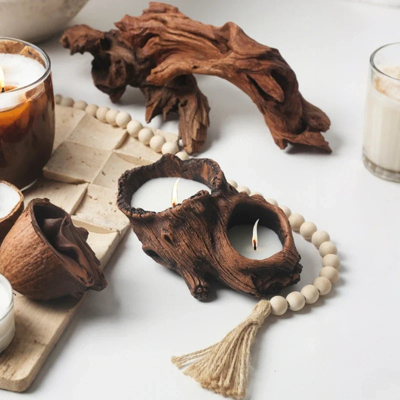 Handcrafted woodland candle cradle with tree hollow design in cement, rustic home decor 2