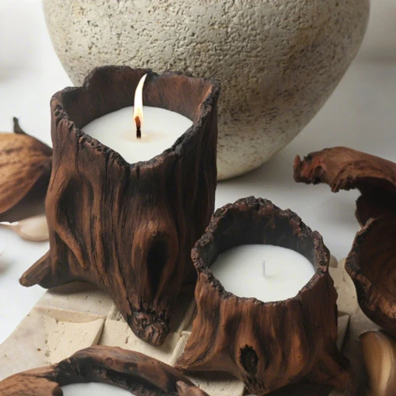 Handcrafted woodland candle cradle with tree hollow design in cement, rustic home decor 3