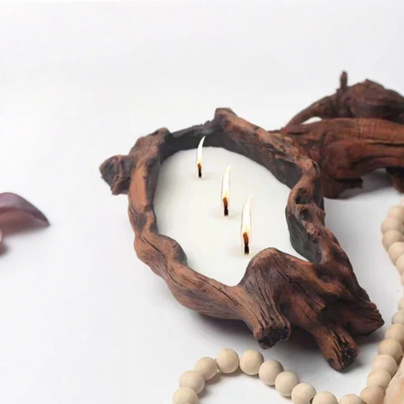 Handcrafted woodland candle cradle with tree hollow design in cement, rustic home decor 4
