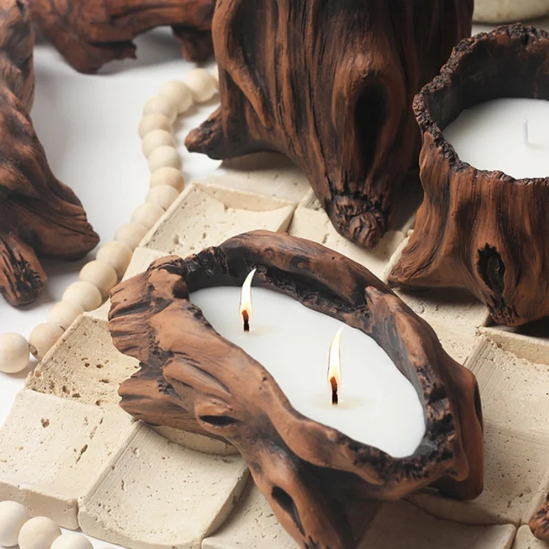 Handcrafted woodland candle cradle with tree hollow design in cement, rustic home decor 5
