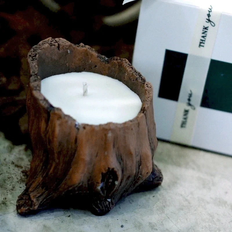 Handcrafted woodland candle cradle with tree hollow design in cement, rustic home decor 6