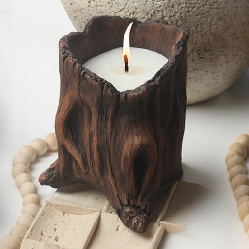 Handcrafted woodland candle cradle with tree hollow design in cement, rustic home decor 7