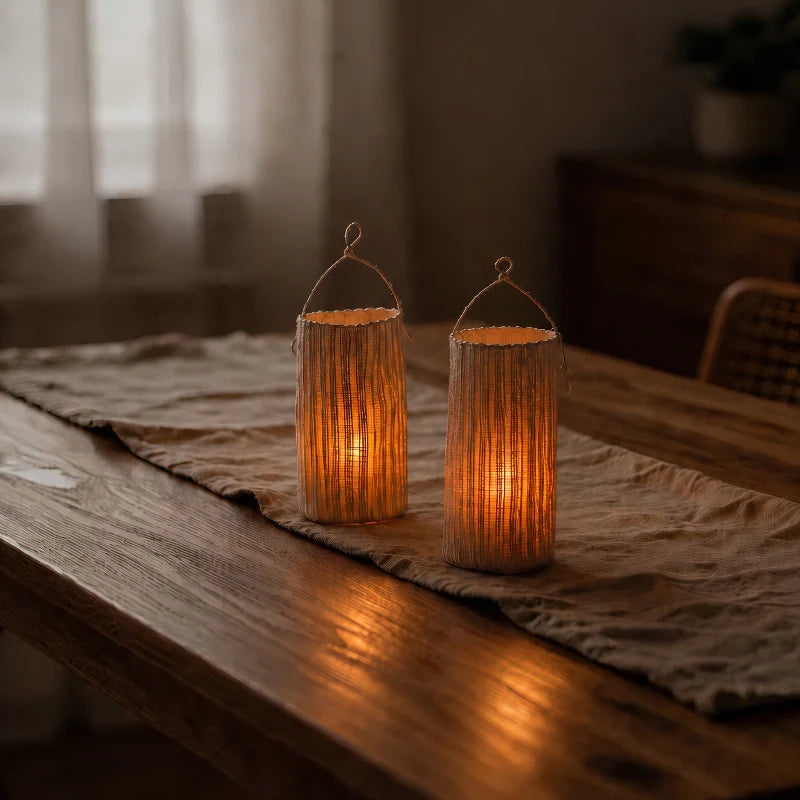 Handwoven natural fiber lantern with warm white flickering light and handle for display