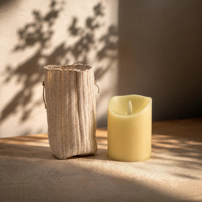 Handwoven natural fiber lantern with warm white flickering light and handle for display 15