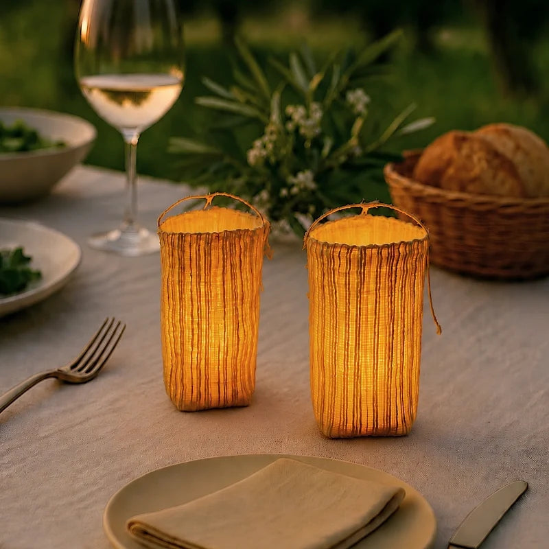 Handwoven natural fiber lantern with warm white flickering light and handle for display 4