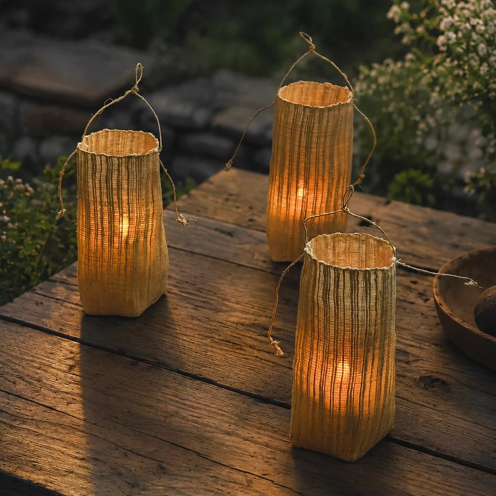 Handwoven natural fiber lantern with warm white flickering light and handle for display 5