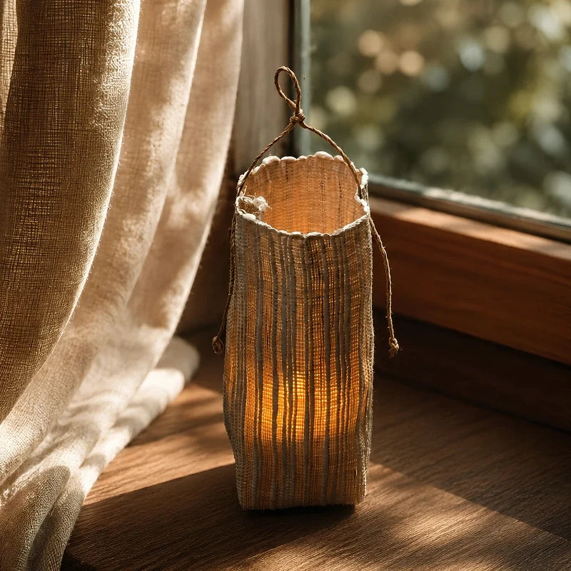 Handwoven natural fiber lantern with warm white flickering light and handle for display 6