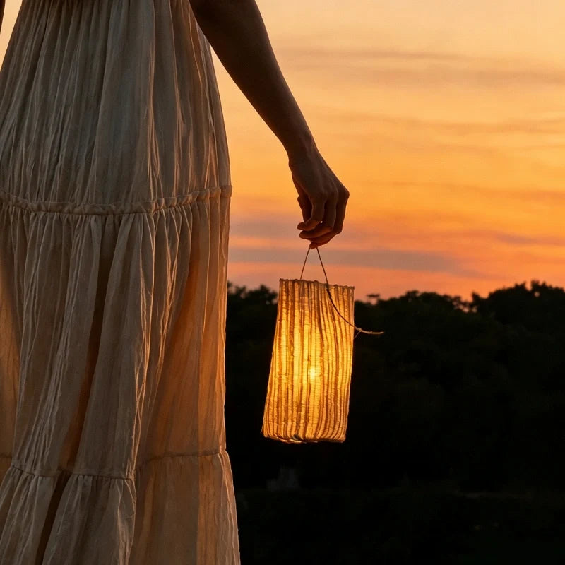 Handwoven natural fiber lantern with warm white flickering light and handle for display 7