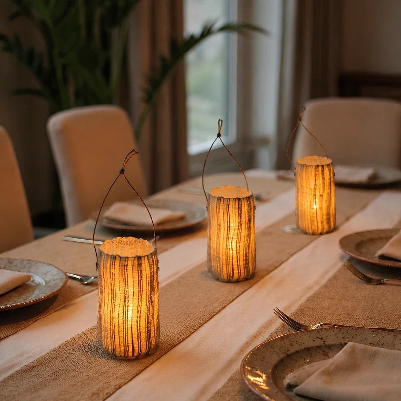 Handwoven natural fiber lantern with warm white flickering light and handle for display 8