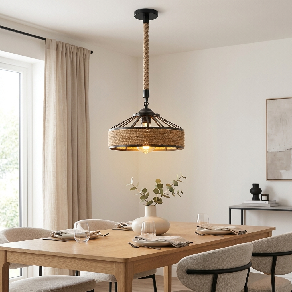 Stylish hemp rope pendant light for elegant illumination. 2
