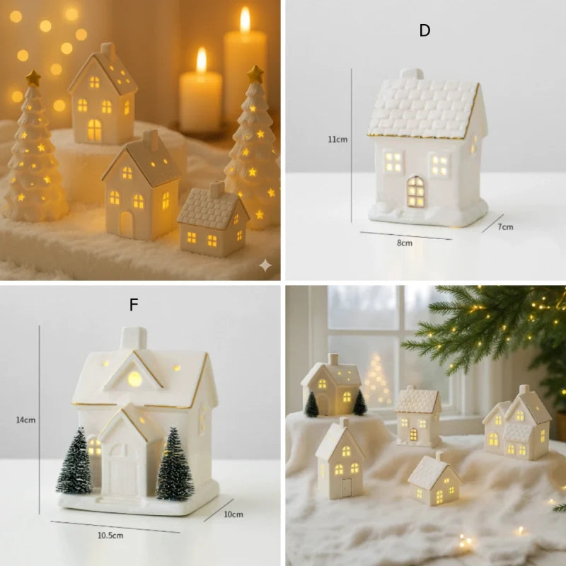 Illuminated ceramic village set with white houses, snowmen, and fir trees with warm glowing windows 12