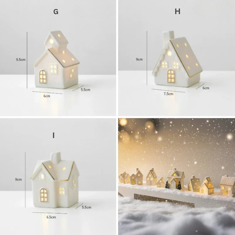 Illuminated ceramic village set with white houses, snowmen, and fir trees with warm glowing windows 13