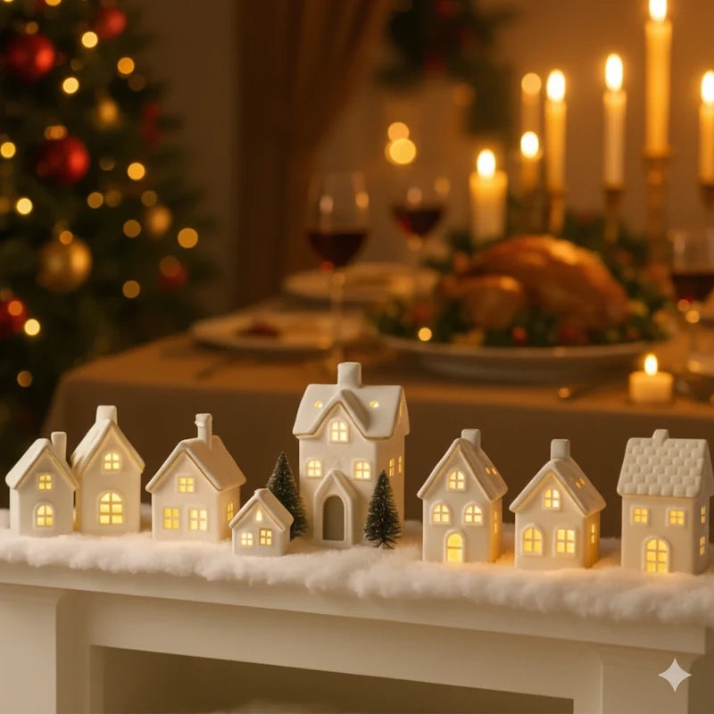 Illuminated ceramic village set with white houses, snowmen, and fir trees with warm glowing windows 2