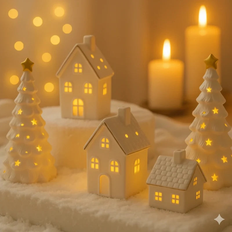 Illuminated ceramic village set with white houses, snowmen, and fir trees with warm glowing windows 3