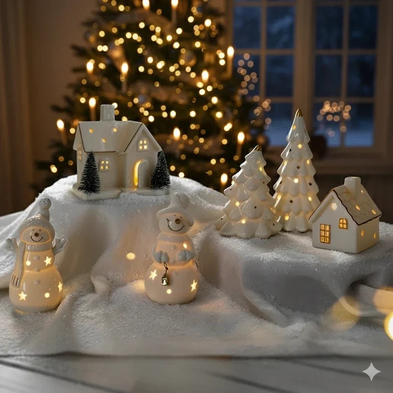 Illuminated ceramic village set with white houses, snowmen, and fir trees with warm glowing windows 6