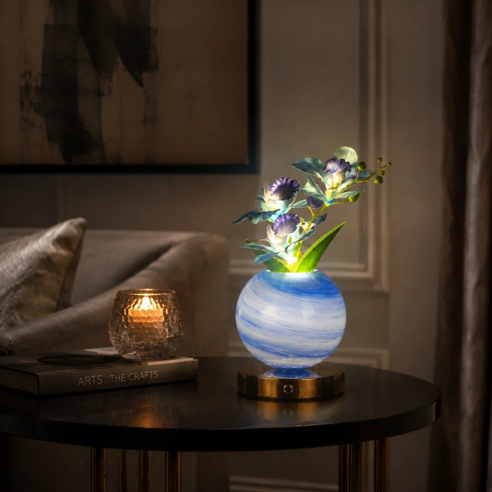 Illuminated orchid decorative lamp with handcrafted glass vase and glowing flowers