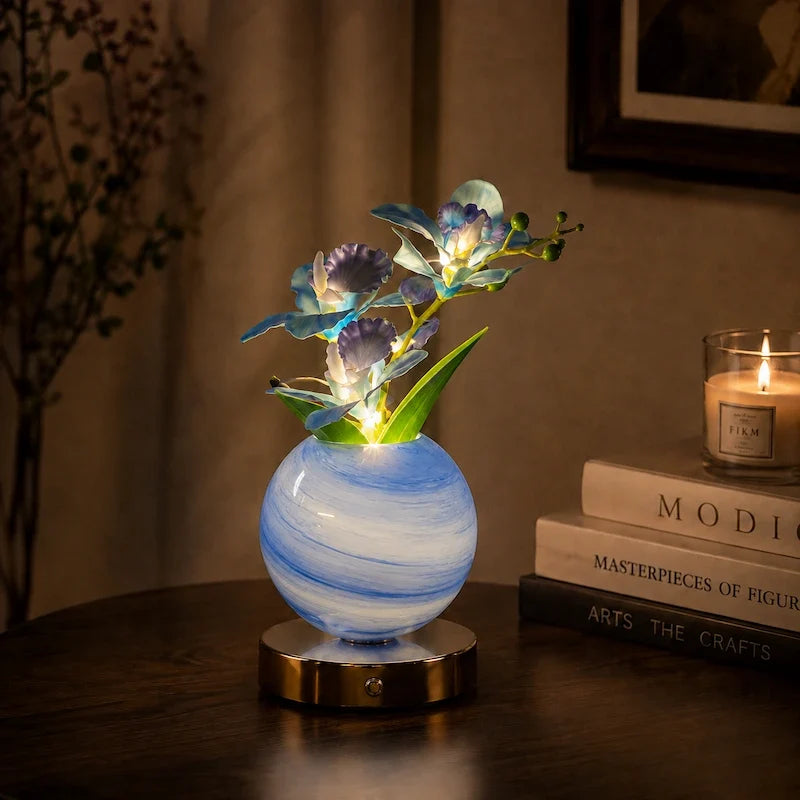 Illuminated orchid decorative lamp with handcrafted glass vase and glowing flowers 4