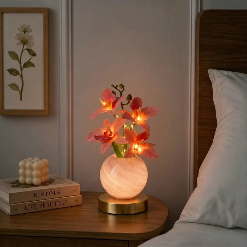 Illuminated orchid decorative lamp with handcrafted glass vase and glowing flowers 5