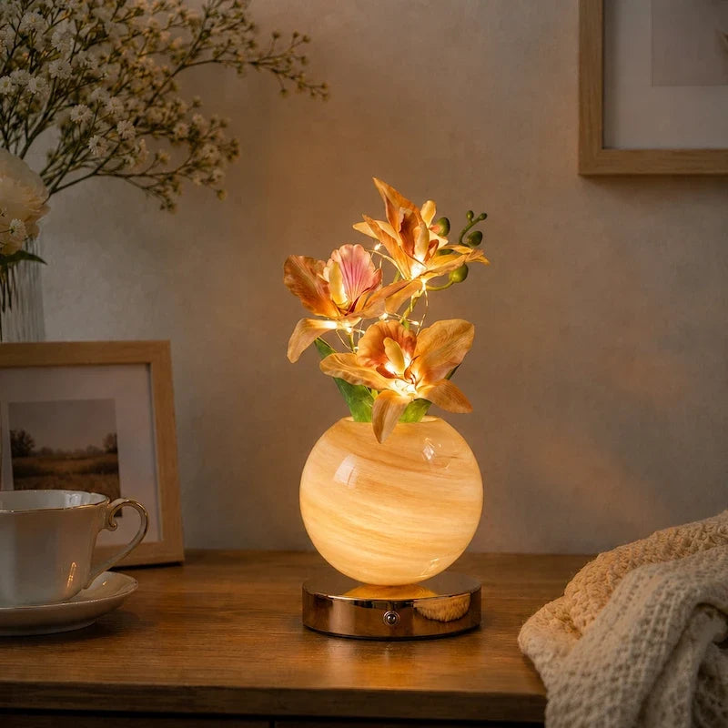 Illuminated orchid decorative lamp with handcrafted glass vase and glowing flowers 7