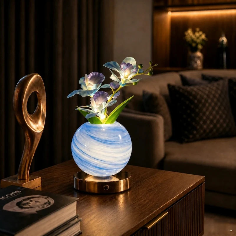 Illuminated orchid decorative lamp with handcrafted glass vase and glowing flowers 8
