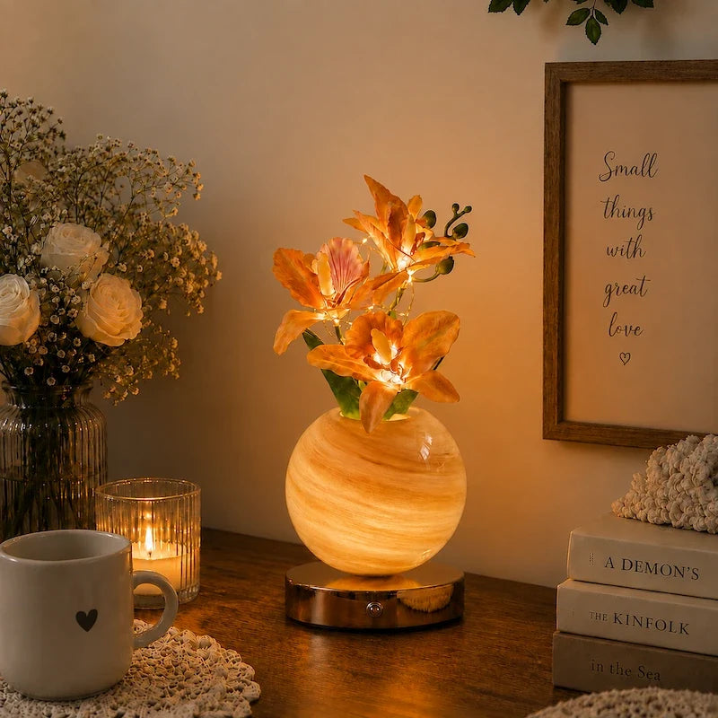 Illuminated orchid decorative lamp with handcrafted glass vase and glowing flowers 9