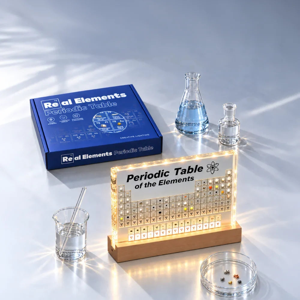Illuminated periodic table display with 83 real element samples in crystal-clear acrylic with warm LED lighting and natu 3
