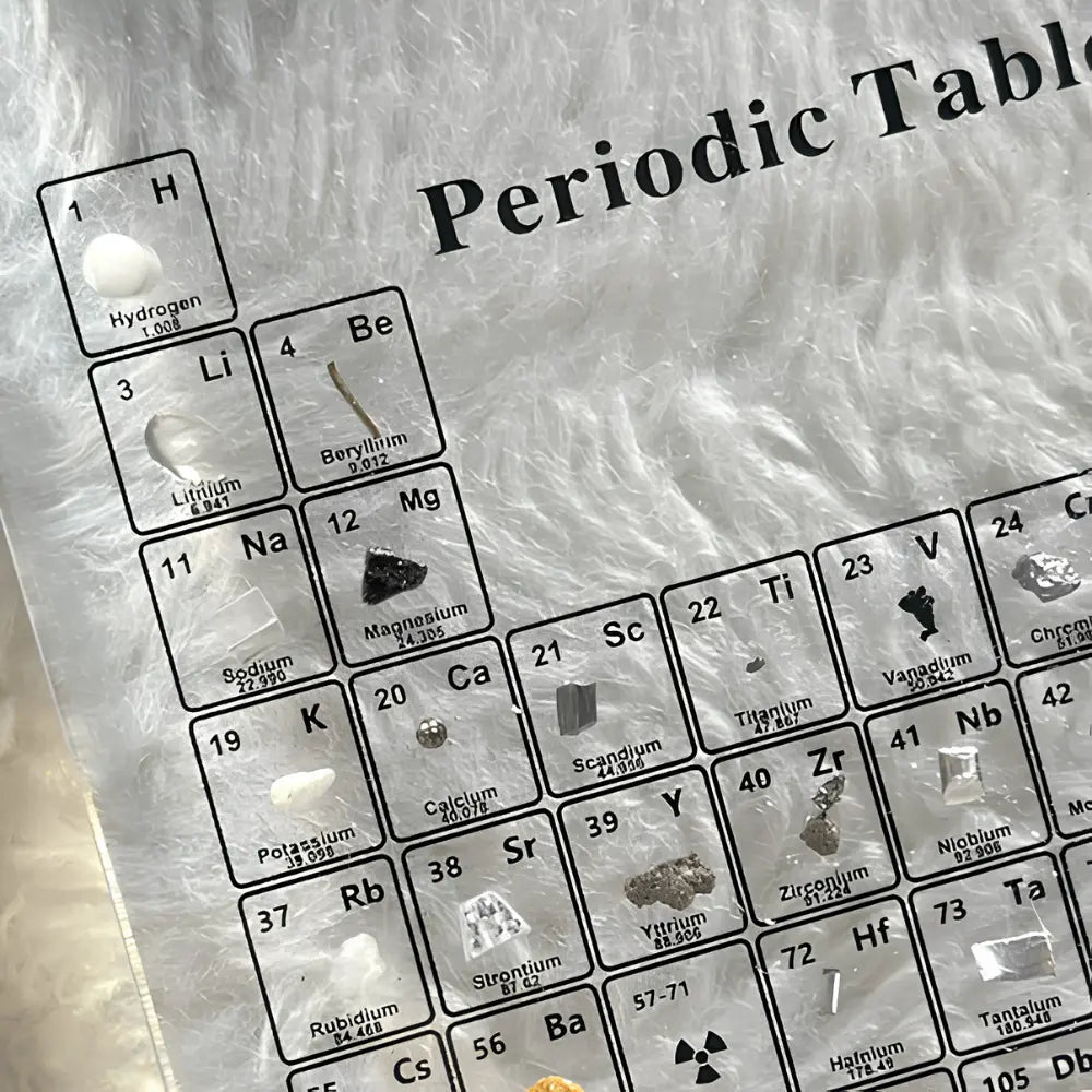 Illuminated periodic table display with 83 real element samples in crystal-clear acrylic with warm LED lighting and natu 4