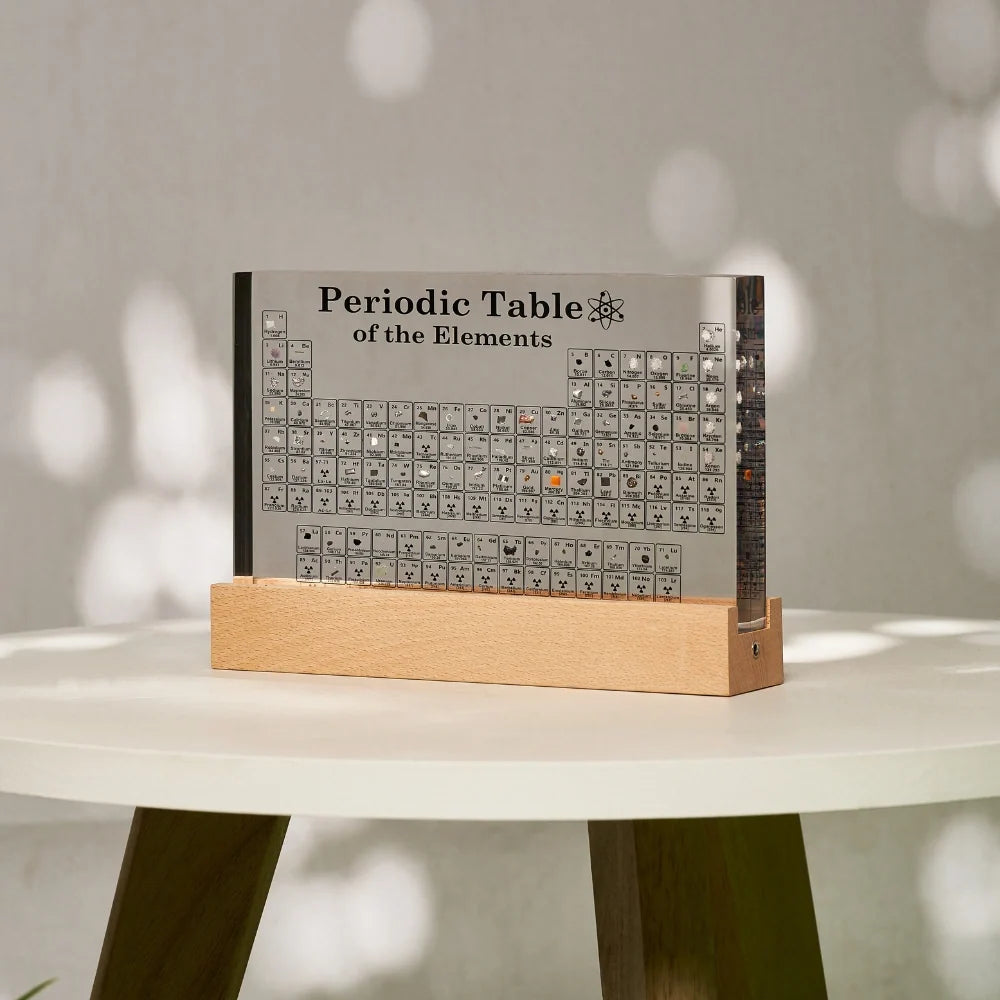 Illuminated periodic table display with 83 real element samples in crystal-clear acrylic with warm LED lighting and natu 5