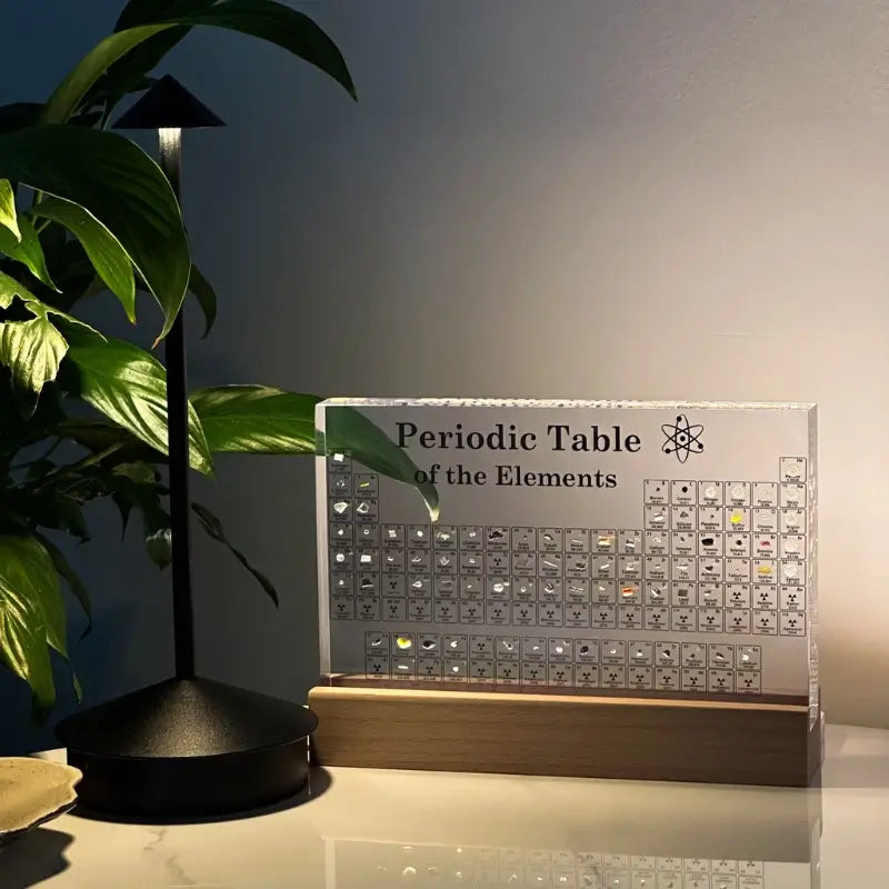 Illuminated periodic table display with 83 real element samples in crystal-clear acrylic with warm LED lighting and natu 6