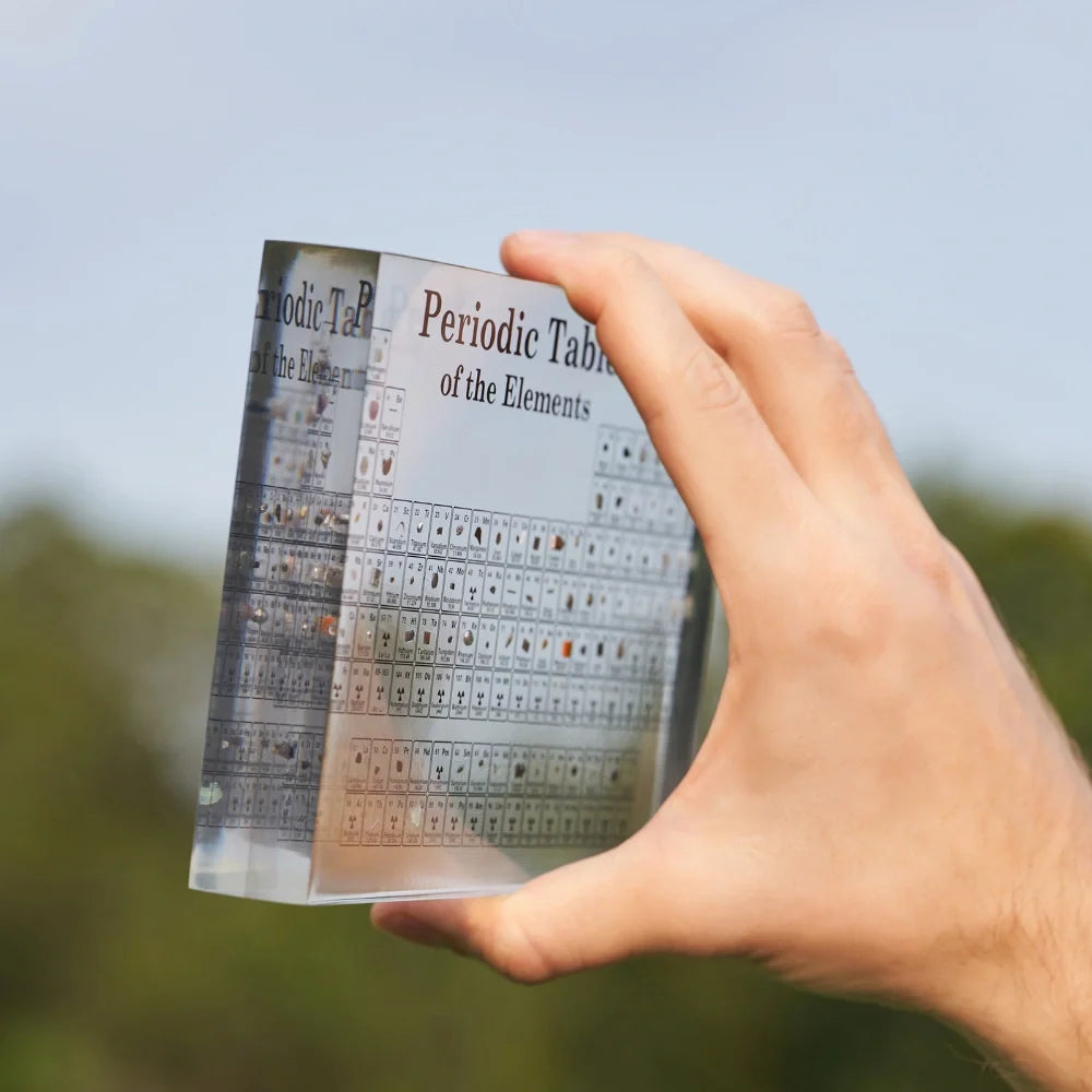 Illuminated periodic table display with 83 real element samples in crystal-clear acrylic with warm LED lighting and natu 7