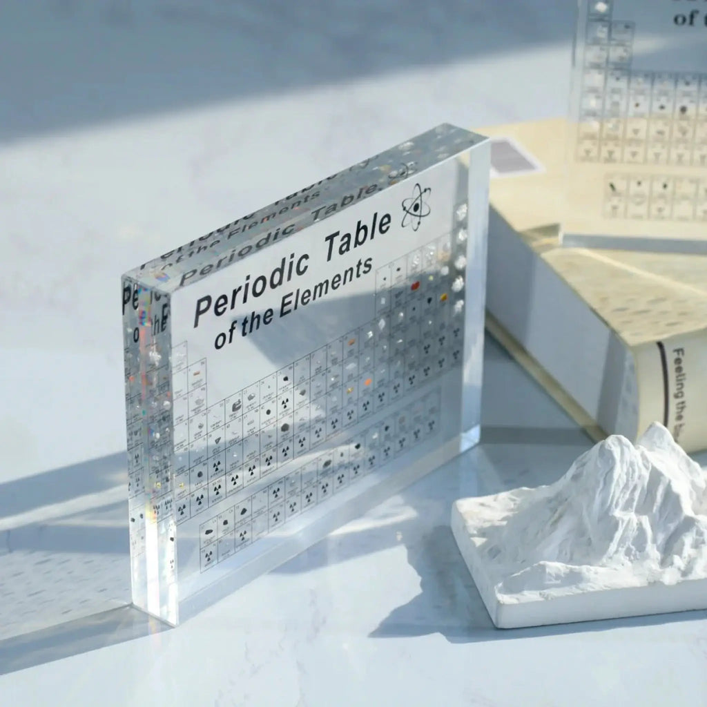 Illuminated periodic table display with 83 real element samples in crystal-clear acrylic with warm LED lighting and natu 8